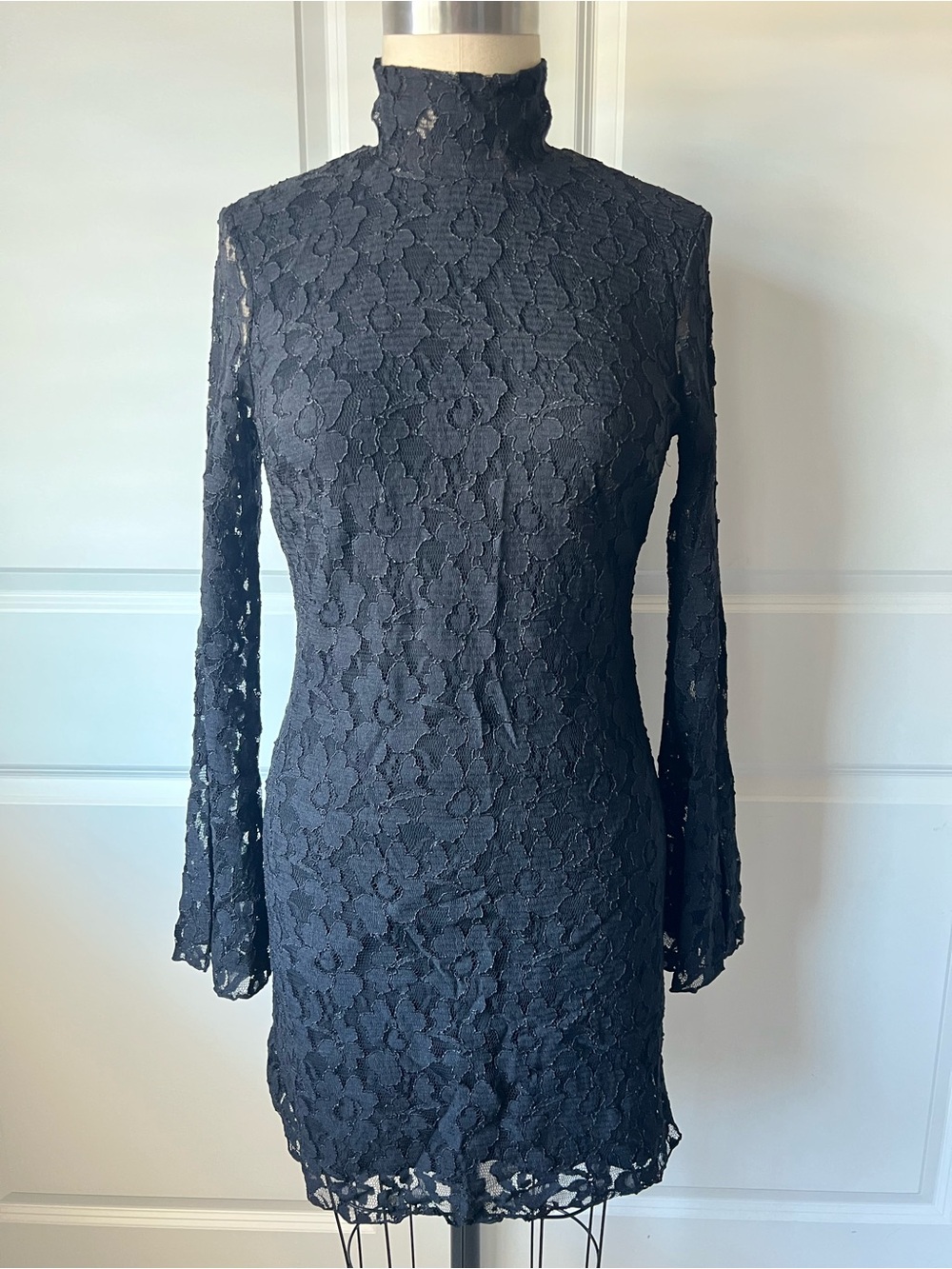 New INC International Concepts Black Floral Lace Long Sleeve Turtleneck Dress